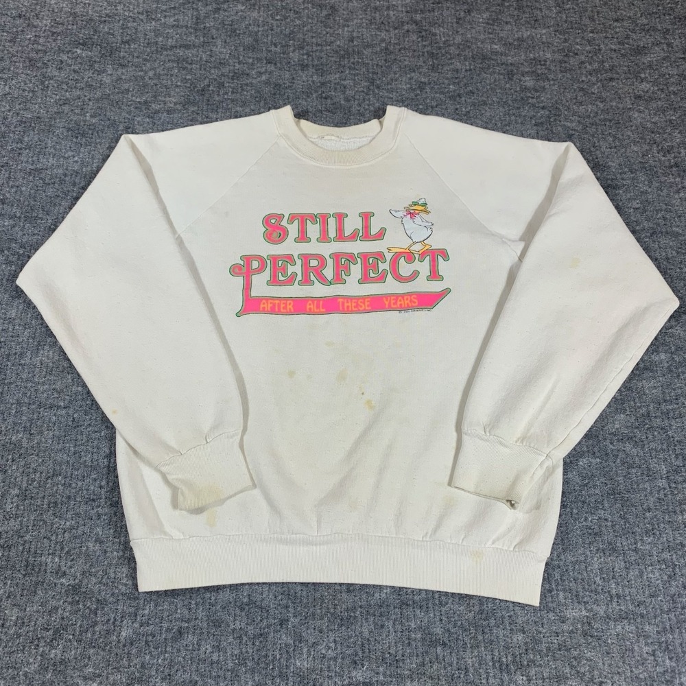 VTG Still Perfect Sweatshirt Adult Small White Crewneck 90s Duck Retro Thrashed